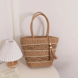 Boho Canvas-Style Straw Tote | Woven Summer Bag Lining & Tassel | Coffee Brown
